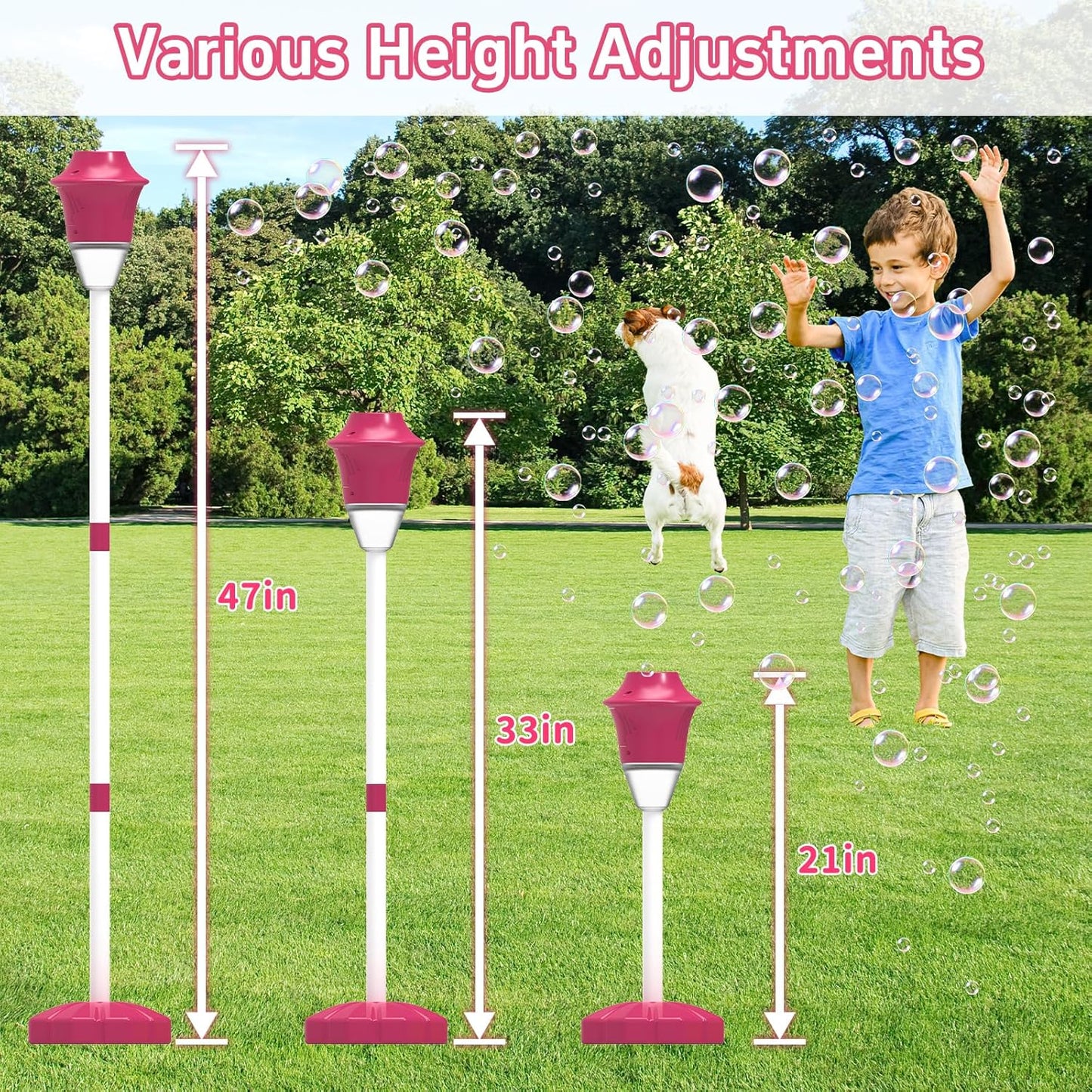 Infowush Bubble Machine for Kids, Automatic Standing Bubble Maker Machine Height Adjustable Up to 47 Inches Outdoor Battery Bubble Machine with Light/Music for Toddlers Birthday Party Gifts（Red）